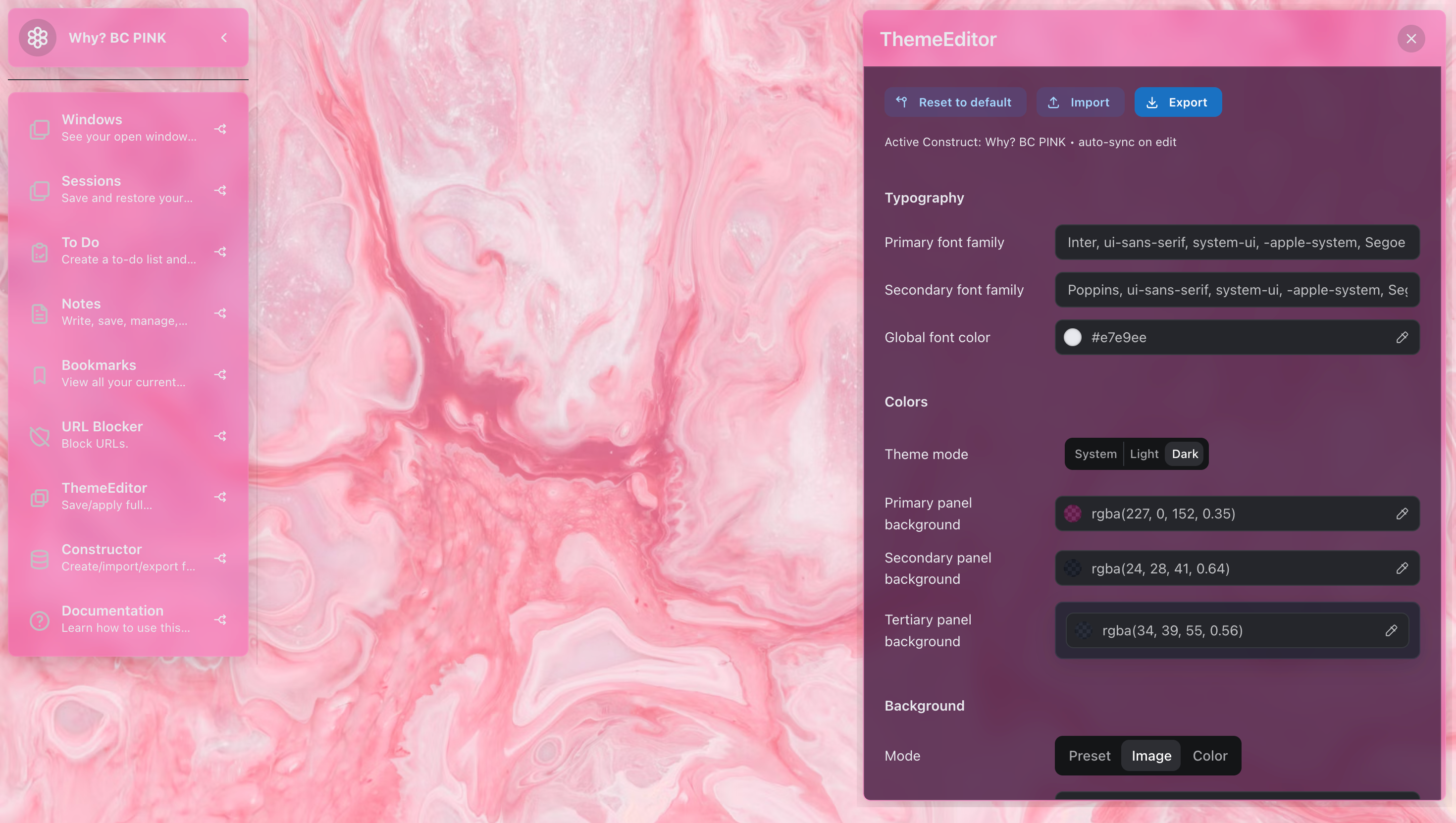 Theme editor shown with a pink theme