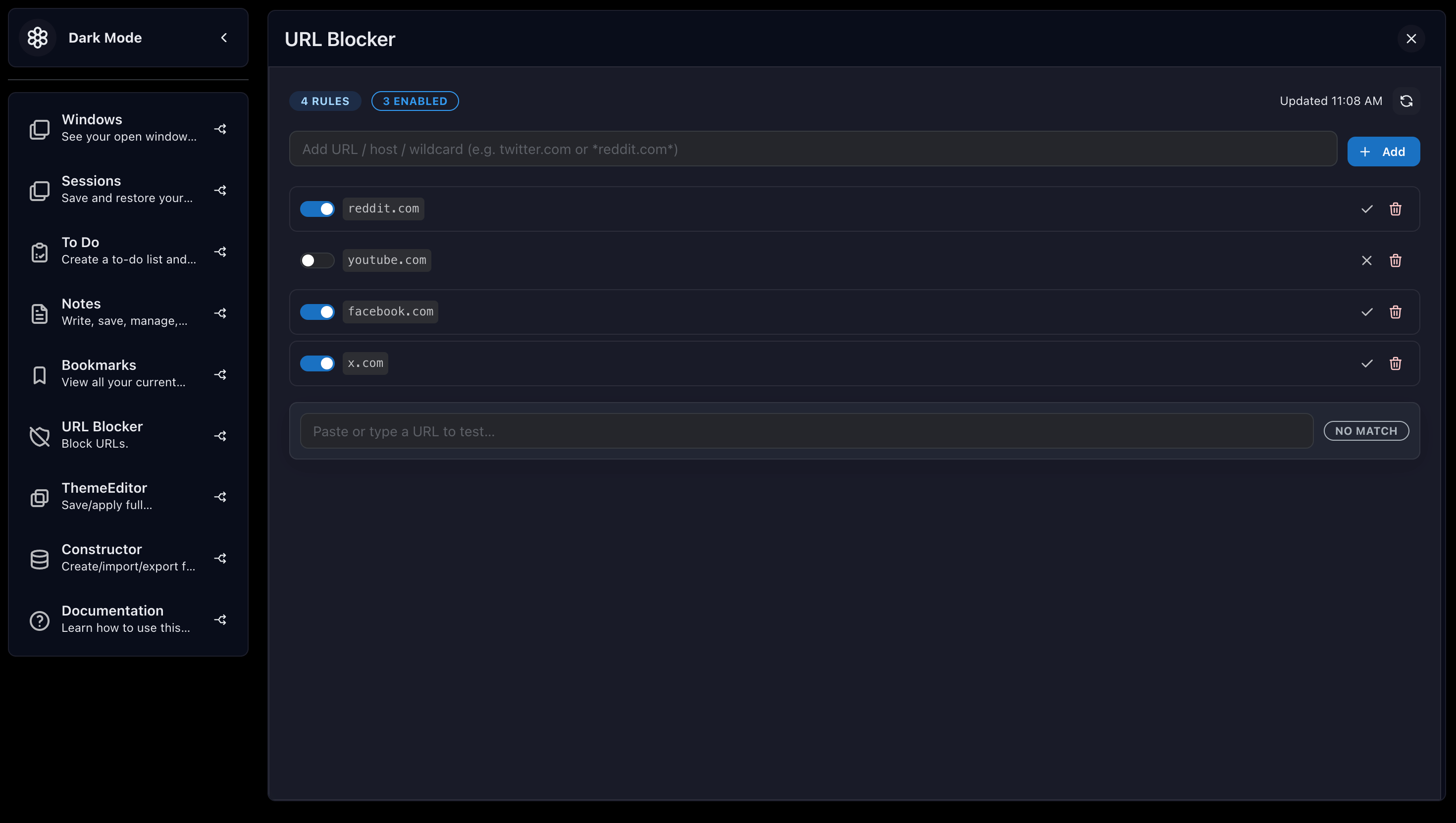 URL blocker interface in dark mode